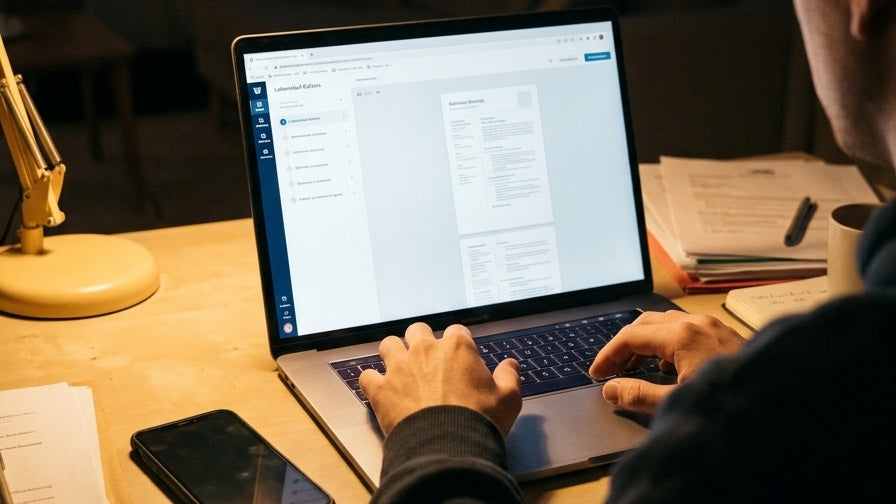 Zety Test: Lebenslauf-Editor mit Schritt-für-Schritt-Navigation auf einem Laptop am Schreibtisch