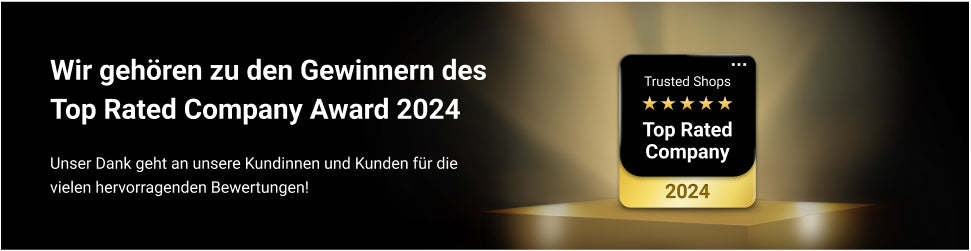 Banner zur Preisankündigung auf Deutsch. Der Text lautet: „Wir gehören zu den Gewinnern des Top Rated Company Award 2024.“ Ein schwarz-goldenes Abzeichen besagt „Trusted Shops Top Rated Company 2024“. Kunden werden für positive Bewertungen gewürdigt.