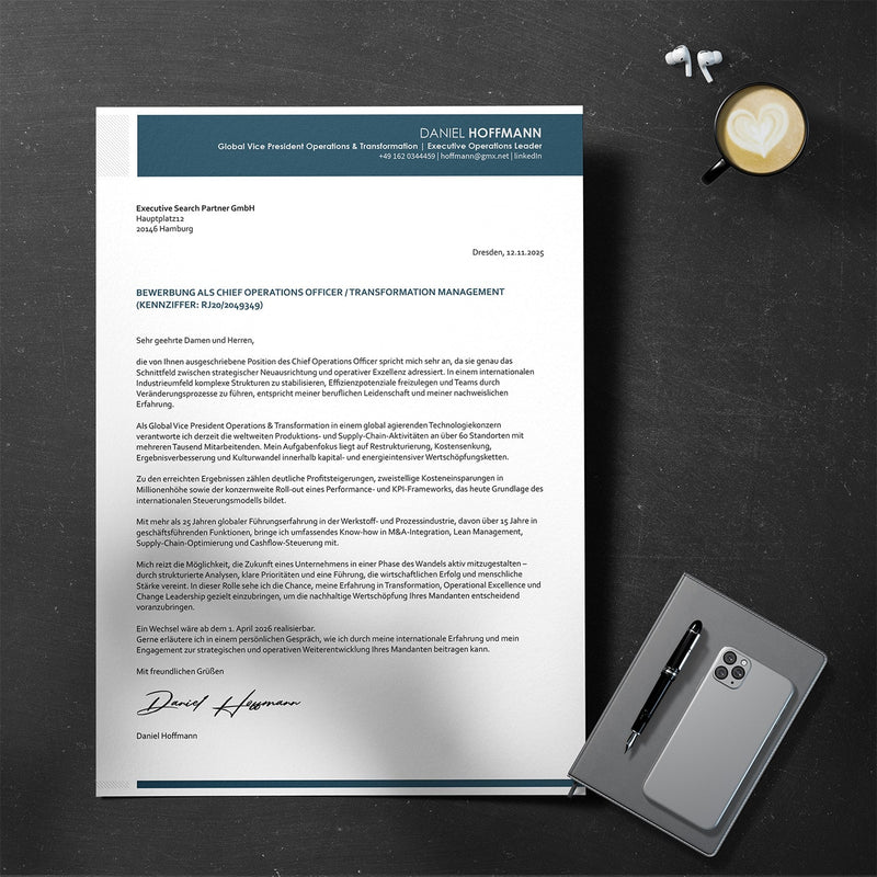 Professionelles Bewerbungsschreiben für Manager: Beispielseite einer Bewerbung als Chief Operations Officer