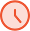 Ein einfacher orangefarbener Kreis mit einem minimalistischen Uhrensymbol darin. Ein kurzer Zeiger zeigt nach oben und ein langer Zeiger leicht nach links. Es ist ungefähr 10:10 Uhr.