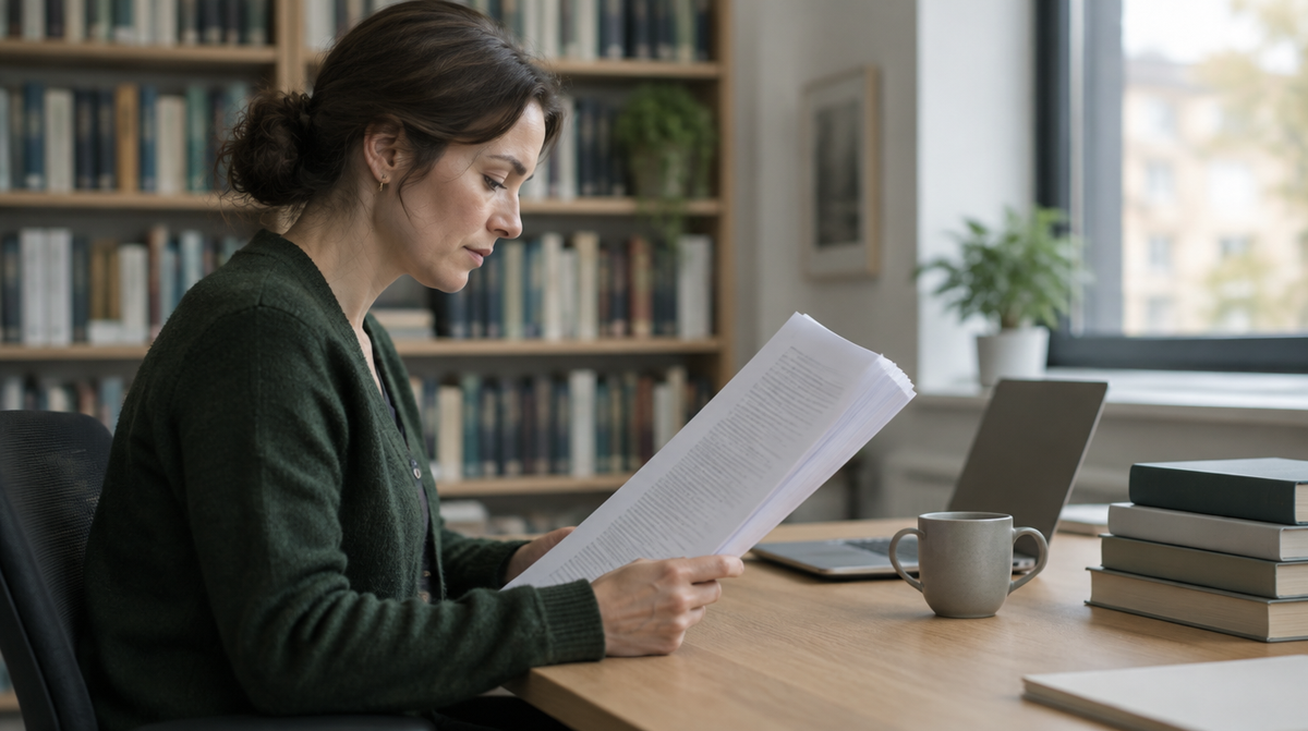 Wissenschaftlerin am Schreibtisch liest ihren akademischen Lebenslauf, im Hintergrund Bücherregale einer Universitätsbibliothek