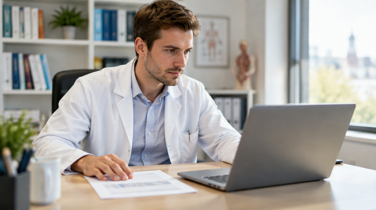 Assistenzarzt arbeitet am Schreibtisch im Klinikbüro an seinem Lebenslauf