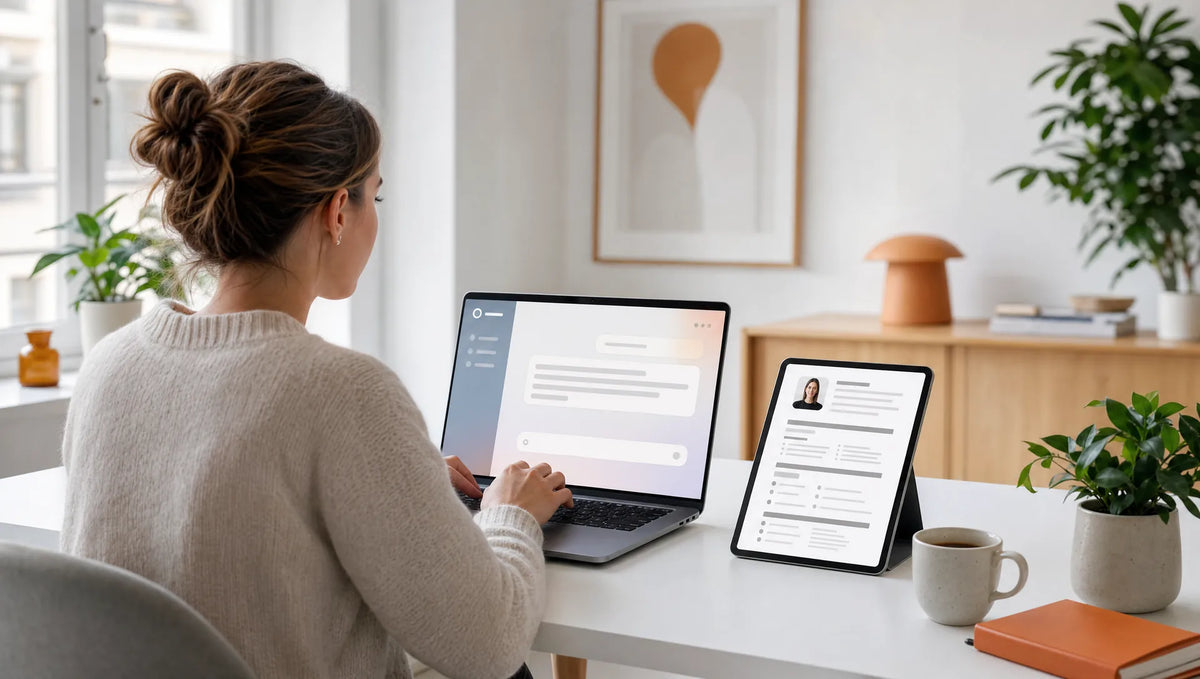 Frau erstellt im hellen Homeoffice ihren Lebenslauf mit einem KI-Assistenten am Laptop, daneben ein Tablet mit einspaltigem Lebenslauf