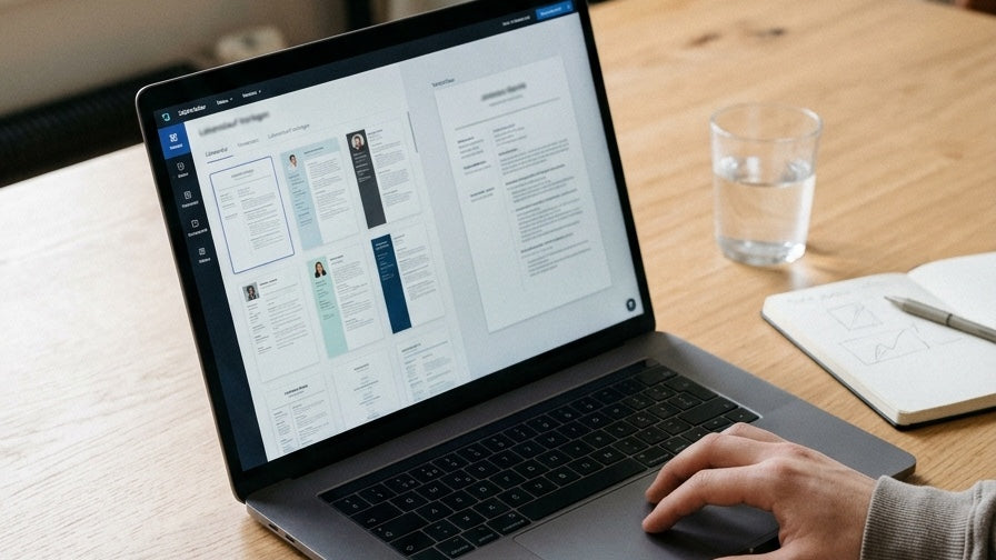 Resume.io Test: Lebenslauf-Editor mit Vorlagenauswahl auf einem Laptop