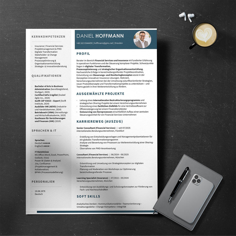 OnePager für Akademiker und Führungskräfte: Kurzprofil auf einer Seite mit Profil, Projekten und Karriereweg im Auszug