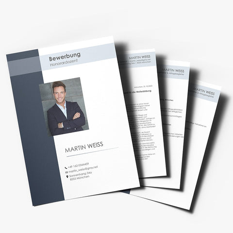 Bewerbungsmappe im dunkelblauen Premium-Design mit Deckblatt, Lebenslauf und Anschreiben, Beispiel Honorardozent