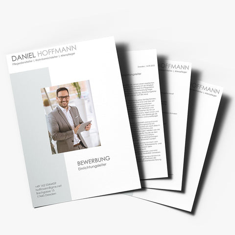 Minimalistisches Bewerbungsdesign in hellen Grautönen mit Bewerbungsfoto, Beispiel Einrichtungsleiter