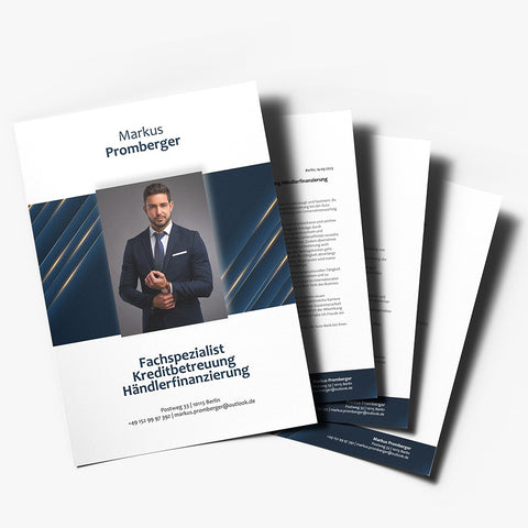 Hochwertiges Bewerbungsdesign in Dunkelblau, Beispiel Fachspezialist Kreditbetreuung und Händlerfinanzierung