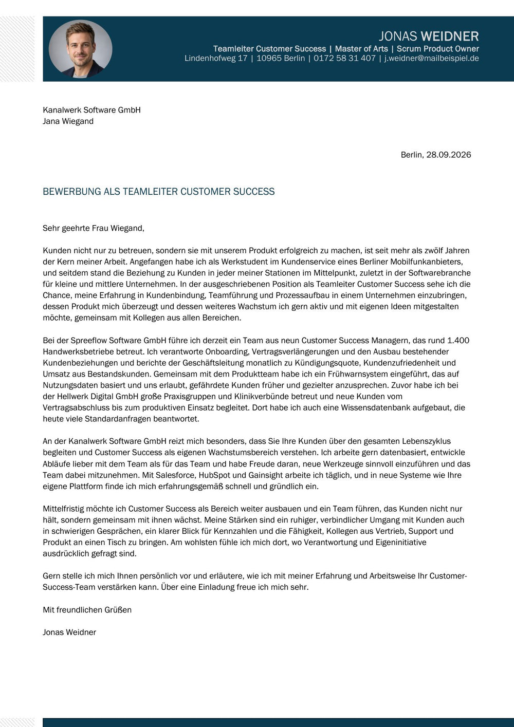 Arbeitsbeispiel einer Bewerbung als Teamleiter Customer Success in Berlin (fiktive Person), Seite 2: Anschreiben