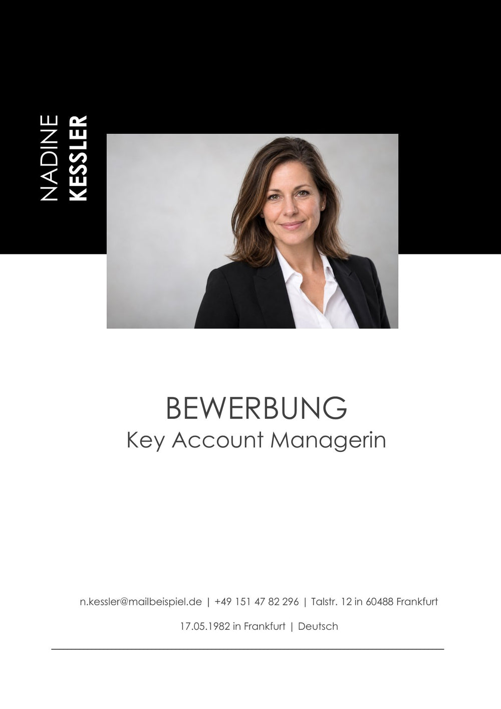 Arbeitsbeispiel einer Bewerbung als Key Account Managerin in Frankfurt (fiktive Person), Seite 1: Deckblatt