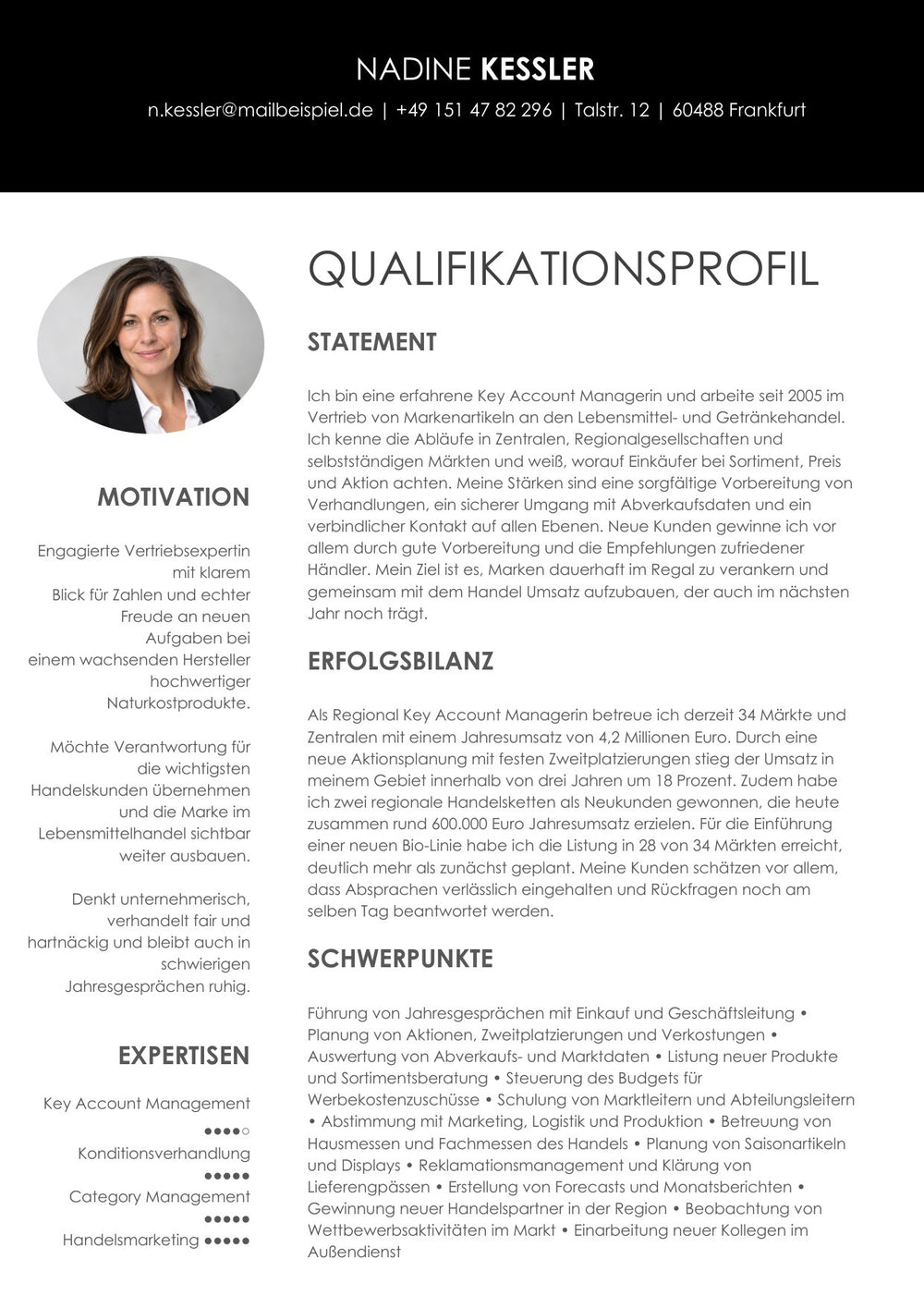 Arbeitsbeispiel einer Bewerbung als Key Account Managerin in Frankfurt (fiktive Person), Seite 3: Qualifikationsprofil