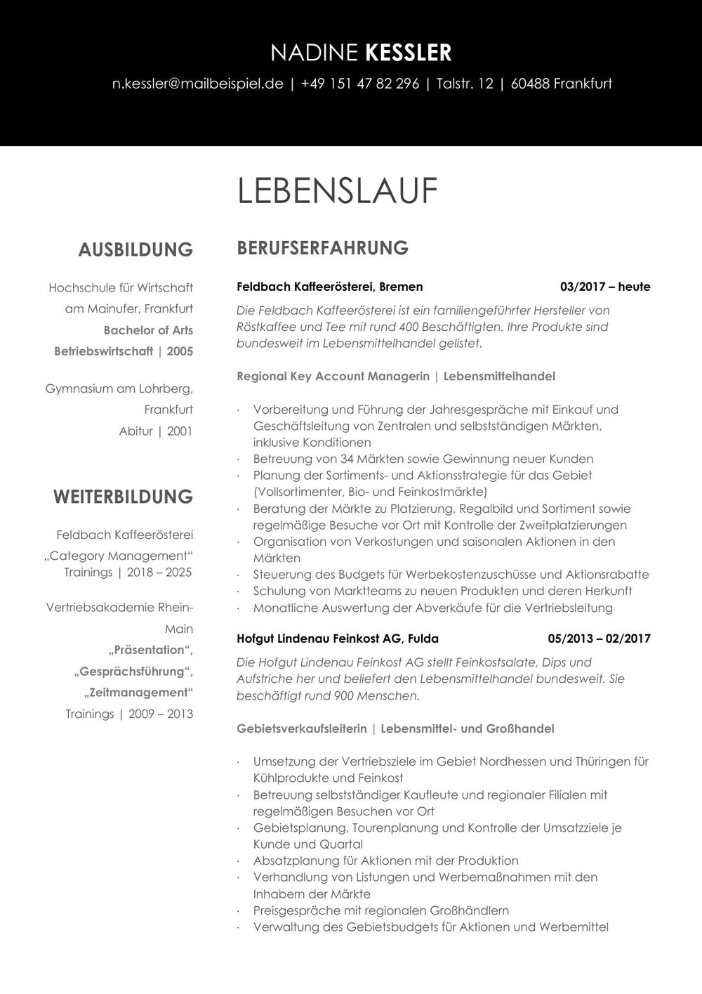 Arbeitsbeispiel einer Bewerbung als Key Account Managerin in Frankfurt (fiktive Person), Seite 4: Lebenslauf mit Ausbildung und Berufserfahrung