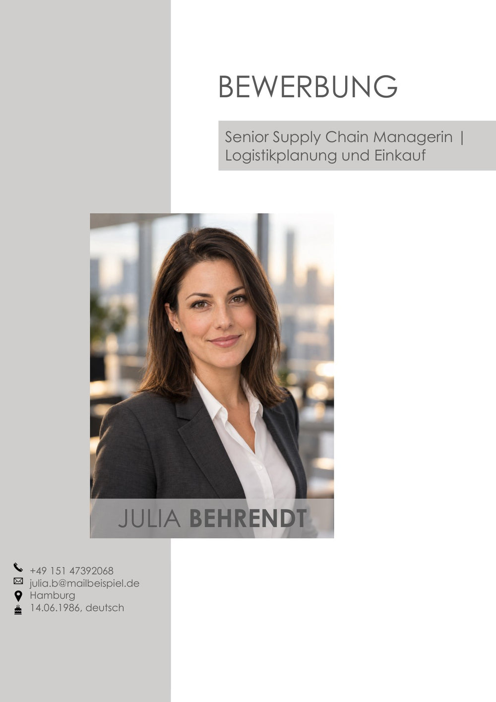 Arbeitsbeispiel einer Bewerbung als Senior Supply Chain Managerin in Hamburg (fiktive Person), Seite 1: Deckblatt