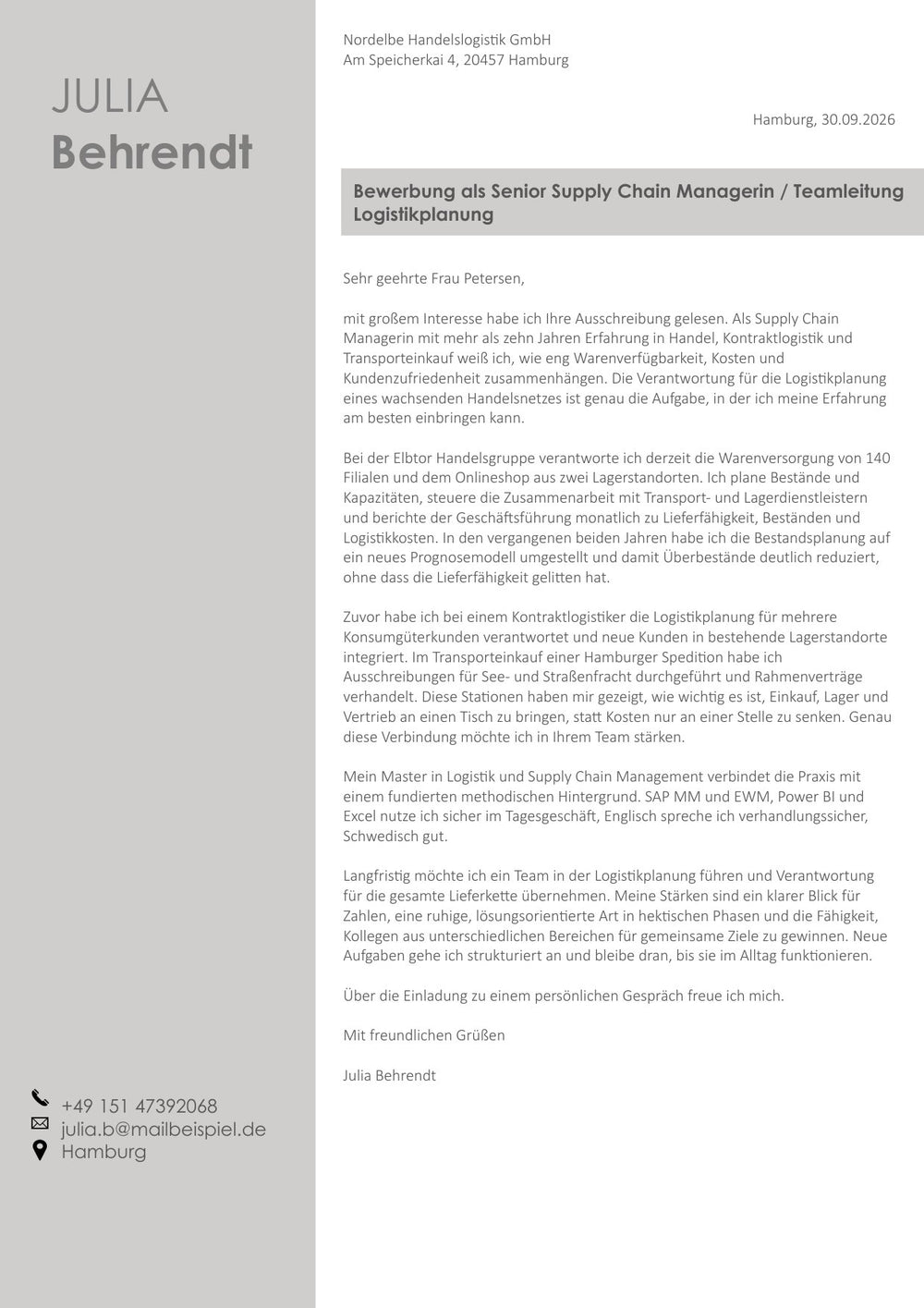 Arbeitsbeispiel einer Bewerbung als Senior Supply Chain Managerin in Hamburg (fiktive Person), Seite 2: Anschreiben