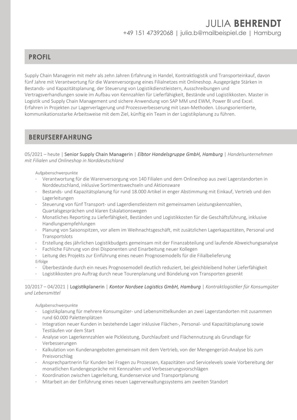 Arbeitsbeispiel einer Bewerbung als Senior Supply Chain Managerin in Hamburg (fiktive Person), Seite 3: Profil und Berufserfahrung
