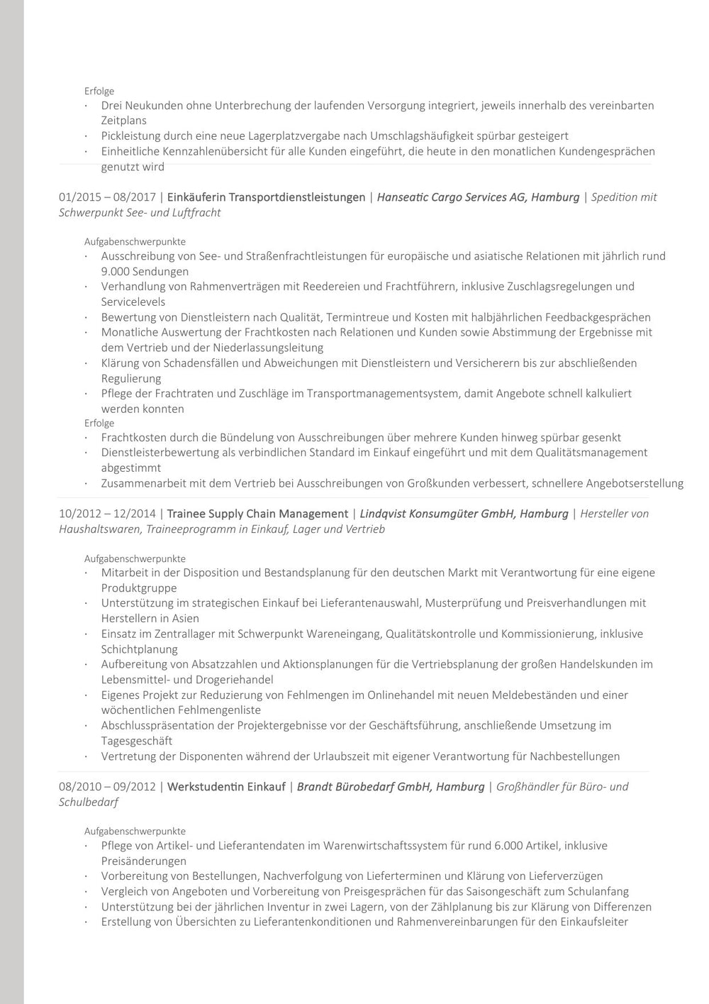 Arbeitsbeispiel einer Bewerbung als Senior Supply Chain Managerin in Hamburg (fiktive Person), Seite 4: Berufserfahrung, Fortsetzung