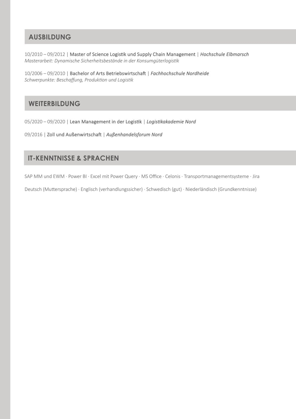 Arbeitsbeispiel einer Bewerbung als Senior Supply Chain Managerin in Hamburg (fiktive Person), Seite 5: Ausbildung, Weiterbildung und Sprachen