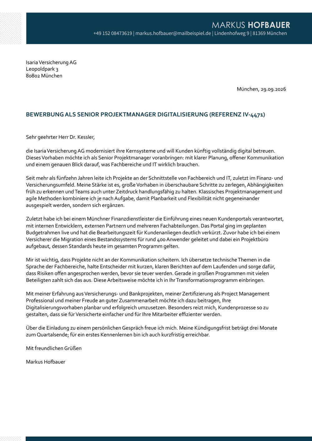 Arbeitsbeispiel einer Bewerbung als Senior Projektmanager in München (fiktive Person), Seite 2: Anschreiben
