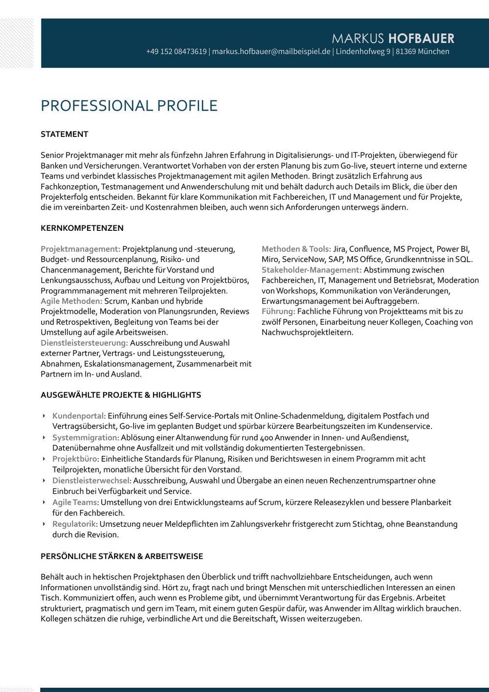 Arbeitsbeispiel einer Bewerbung als Senior Projektmanager in München (fiktive Person), Seite 3: Professional Profile