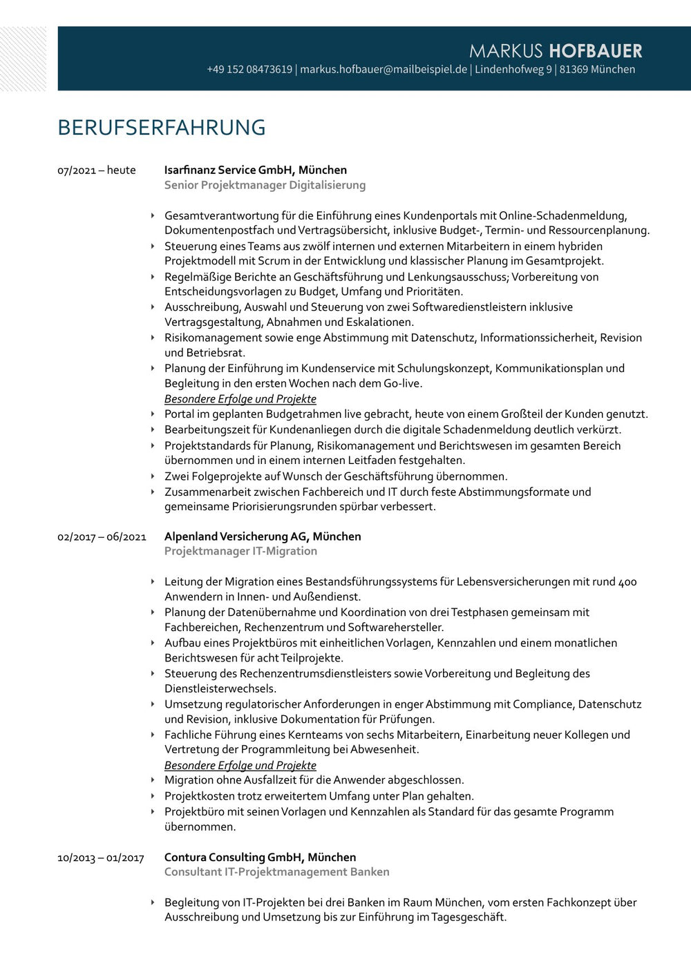 Arbeitsbeispiel einer Bewerbung als Senior Projektmanager in München (fiktive Person), Seite 4: Berufserfahrung