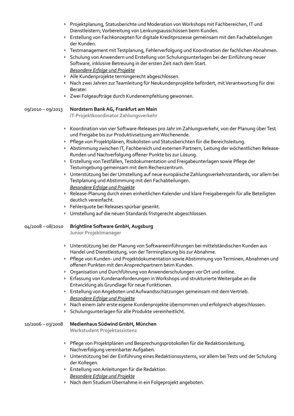 Arbeitsbeispiel einer Bewerbung als Senior Projektmanager in München (fiktive Person), Seite 5: Berufserfahrung, Fortsetzung