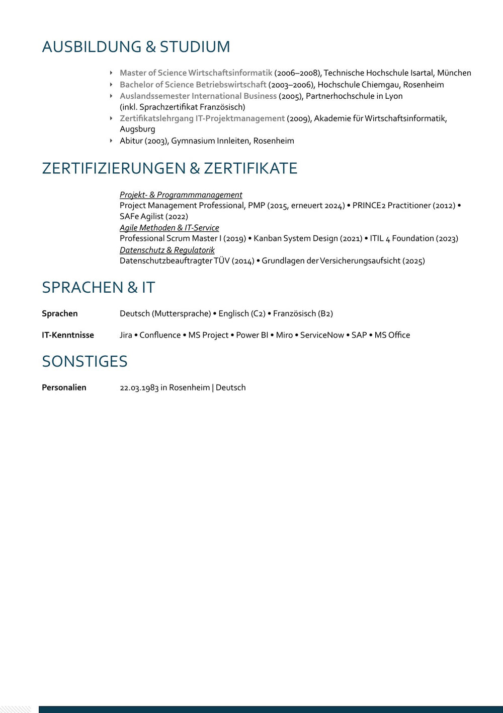 Arbeitsbeispiel einer Bewerbung als Senior Projektmanager in München (fiktive Person), Seite 6: Ausbildung, Zertifikate und Sprachen