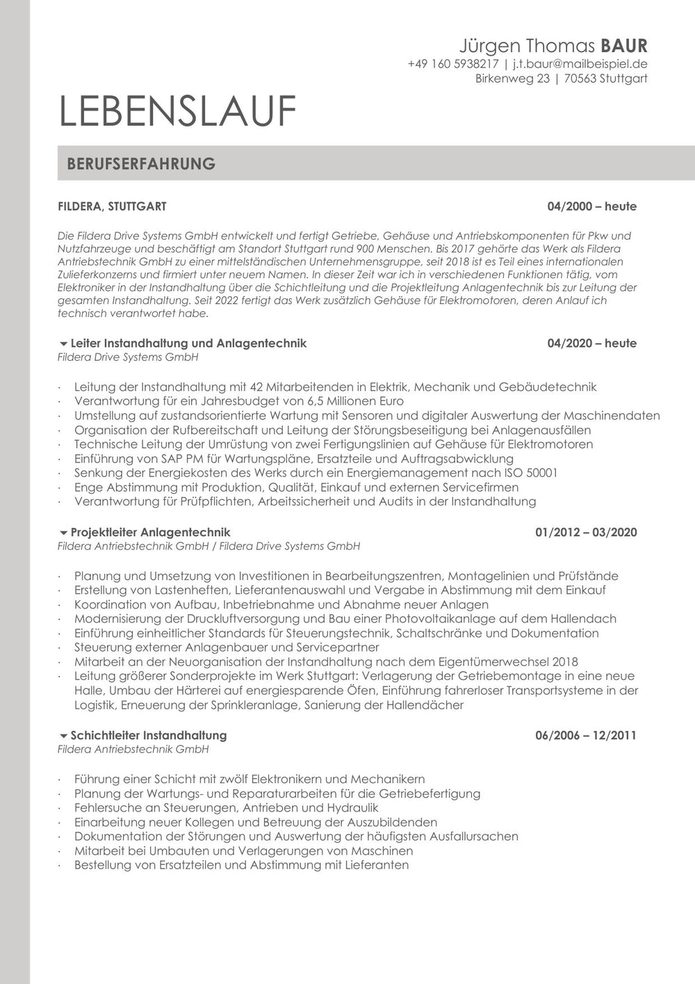 Arbeitsbeispiel einer Bewerbung als Leiter Instandhaltung in Stuttgart (fiktive Person), Seite 4: Lebenslauf