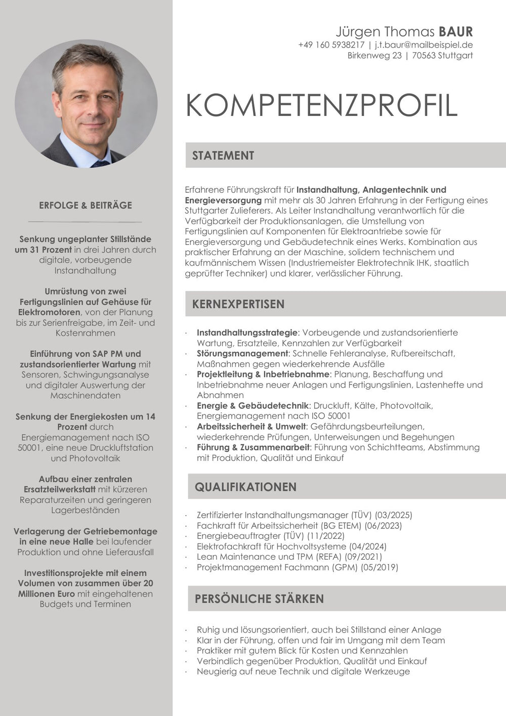 Arbeitsbeispiel einer Bewerbung als Leiter Instandhaltung in Stuttgart (fiktive Person), Seite 3: Kompetenzprofil